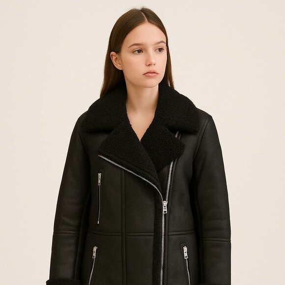 ZARA Faux Shearling Aviator Coat – Black - Picture 2 of 4